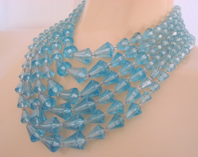 Vintage Sky Blue Lucite Faux Crystal Bead Bib Necklace / Multi Strand / Jewelry / Jewellery