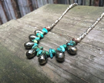 Teardrop Pyrite & Turquoise Necklace on Silver