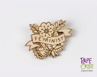 Feminist Floral Brooch, Laser Cut Wooden Jewellery