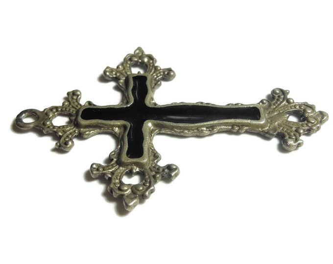 FREE SHIPPING Fleury trefoil cross pendant, silver tone ornate cross, black enamel inset, religious gift, rustic medieval look, large