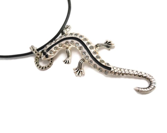 Large lizard pendant, silver tone gecko, pave encrusted clear and black rhinestones, black cord, fancy connector with black enamel