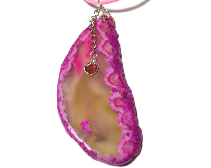 FREE SHIPPING Pink agate slice pendant, fuchsia agate slice, pink crystal dangle, pink cord, extender chain, gemstone necklace