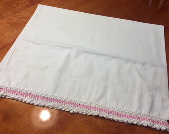 Vintage White Pillowcase with a Pink and White hand crochet border for housewares, bedding by MarlenesAttic