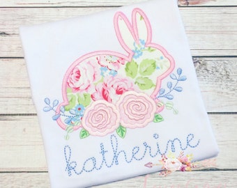 Floral Easter Bunny Monogrammed Shirt for girls -Embroidered, Personalized, Monogram, Girls, Baby, applique, gingham