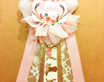 Boho Floral Baby Shower Pin mommy to be pin Flower Ribbon Pin Corsage mama mom mommy deer antlers rustic baby shower country girl