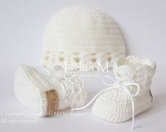 Crochet baby set, unisex newborn set, baby girl, newborn booties, hat, merino wool, cashmere, silk, baby shoes, gift idea, baby shower gift