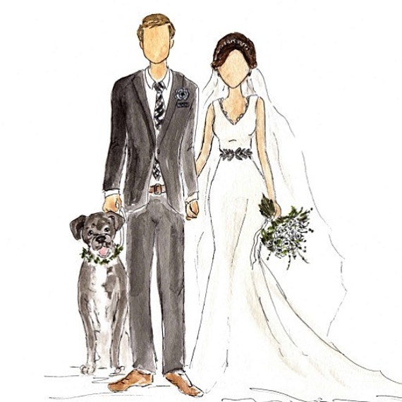 Illustrated Wedding Portrait. Bridal Sketch. Bride and Groom