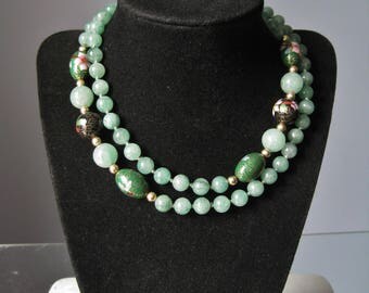 Jade and Cloisonne Necklace / Vtg / Apple Green Jade with Cloisonne beads