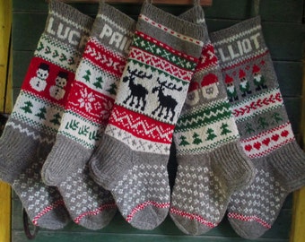 Christmas Stocking Personalized Wool Hand knit Gray Red Green White Deer Santa Gnomes Snowman Snowflakes Trees