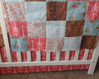 Teepee, Floral, Fawn and Arrow Patchwork Baby Minky Blanket or Quilt