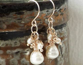 Pearl Earrings, Rose Gold Earrings, Sundance Style, Bride Earrings, Feminine Wedding Jewelry, Bridesmaid Gift, June Birthstone, Wire Wrapped