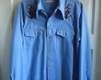 Vintage 70s Hand Embroidered Chambray Shirt sz S/M