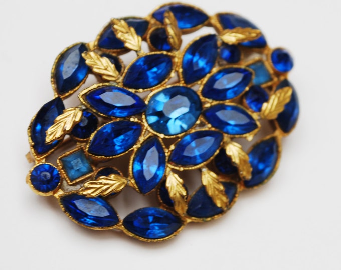 Colbalt Blue Rhinestone Brooch - Oval - Gold Leaf - Floral flower pin - Mid Century