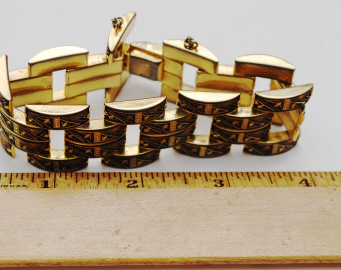 Wide Damascene Link bracelet - 4 rows of gold black enameling links - Safety chain