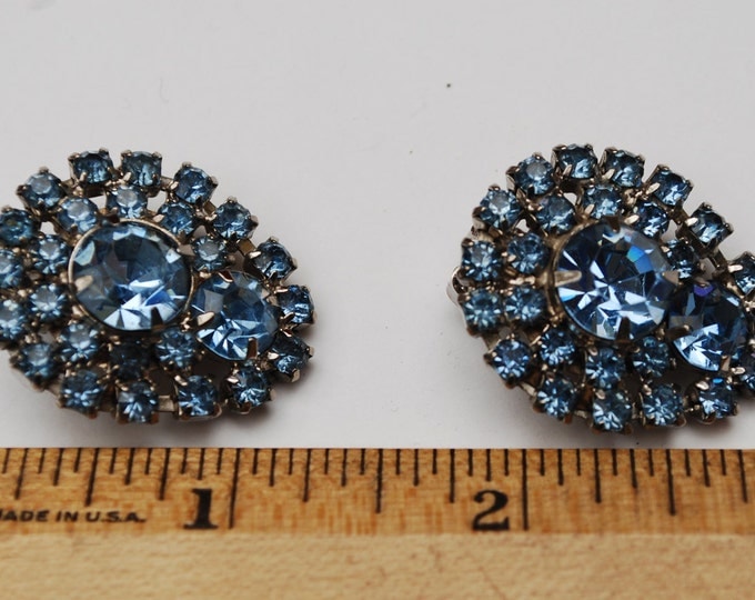 Blue Rhinestone earrings - Signed Garne - Mid Century - Clip on earring -Tear drop - Bride Wedding Prom