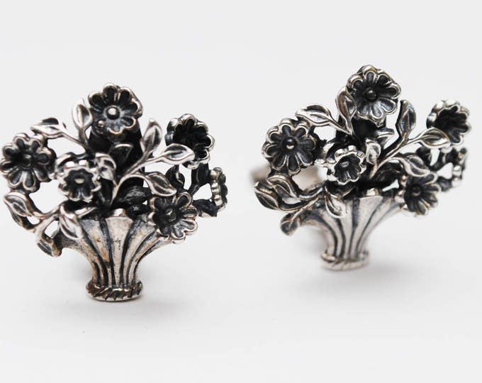 Sterling Napier Flower Earrings - Floral basket - Singed Sterling Pat pend - Clip on earring