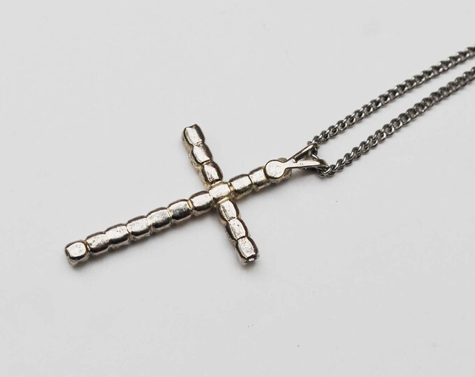 Rhinestone Cross Pendant Necklace - Clear crystal - Silver tone metal - religious necklace