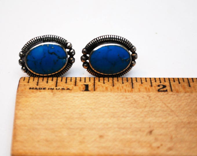 Turquoise Earrings - Sterling Silver - oval blue gemstone - Pyrite inclusions - Southwestern - Native American - Pierced Stud earring