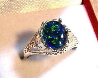 10x8 Australian Opal Ring, Australian Opal Triplet Ring, Opal Filigree Ring 925 Solid Sterling Silver Size 7