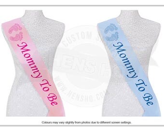 Pink or Blue Mommy/Mummy To Be Sash with Rhinestone Baby Feet