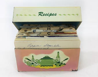 Metal Recipe Box full of Recipes Handwritten Typed Clipped Pink Yellow Green Ohio Art Graphics 3 x 5 Cards