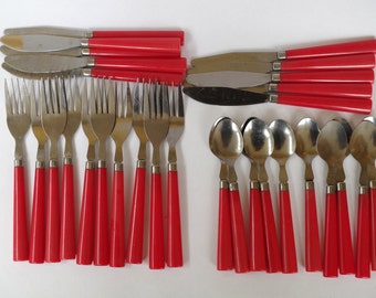 Vintage Set of Flatware with Red Plastic Handles Service for Ten with 6 Additional Knives and 8 Additional Spoons Included