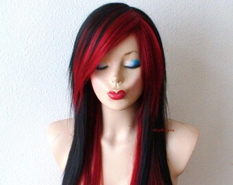 Black /Wine red Scene wig. Emo wig. Scene hair. Emo hair. Long straight black wig.