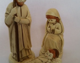 Vintage Nativity Set of 3 Infant Jesus in Manger Blessed Mother and St. Joseph Molded Ceramic Made in Korea 1980s