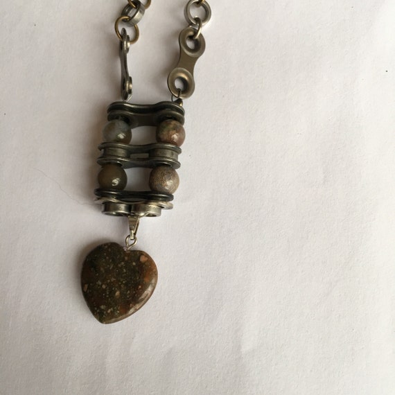 Bike Chain Necklace with Gemstone Heart Pendant with Handmade