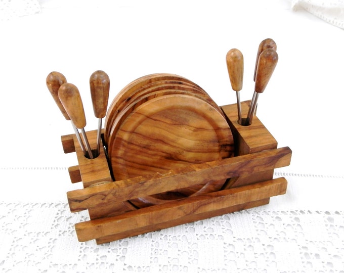 Vintage Set of French Olive Wood Mid Century Snail Forks, Holder and Plates, French Cuisine, Retro France, French Kitchenware, Cocktail Vintage Set of French Olive Wood Mid Century Snail Forks, Holder and Plates, French Cuisine, Retro France, French Kitchenware, Cocktail