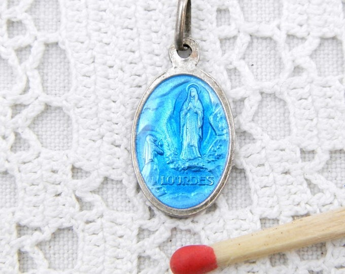 Vintage French Religious Silver Alloy Metal and Blue Glass Enamel Medal Virgin Mary from Lourdes, Religion, Christian, Catholic, Our Lady Vintage French Religious Silver Alloy Metal and Blue Glass Enamel Medal Virgin Mary from Lourdes, Religion, Christian, Catholic, Our Lady