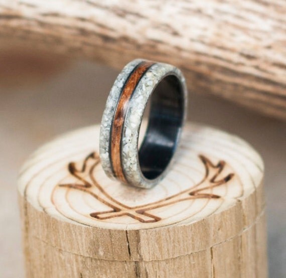 Mens Wedding Band Whiskey Barrel & Antler Inlay Ring
