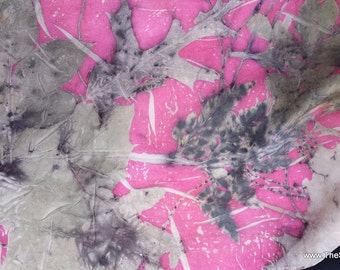 Silk Scarf, red pink all natural colors, ECO-printed with actual leaves, totally organic & renewable, sustainable art by artist, 11 x 60