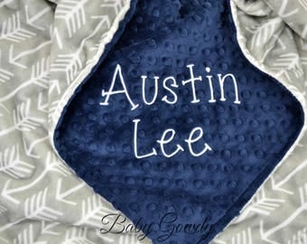 Personalized Minky Baby Blanket - Silver Archer Minky - Navy Minky Dimple Dot - Arrow Minky Blanket - Custom Baby Blanket - Monogram