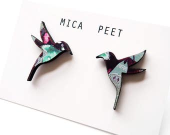 Hummingbird Wooden Earrings - Wooden Bird Earrings Bird Jewellery Bird Studs Laser Cut Bird - Blue Pattern