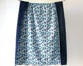 Baby Blanket, Blue Geometric Triangles with Navy Minky Dot