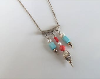 Necklace, coral, turquoise and pearl on sterling silver