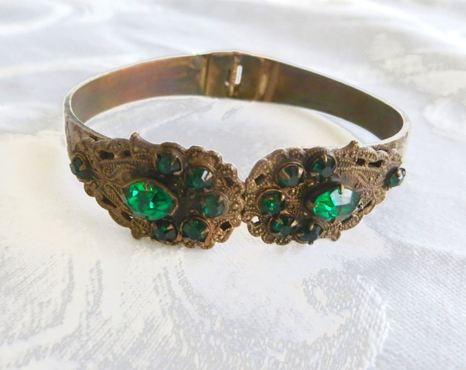 Victorian Rhinestone Clamper Bracelet, Green Rhinestone, Vintage Jewelry