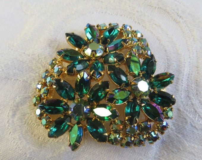 Vintage Rhinestone Flower Brooch, Green Navette and Aurora Borealis Stones, Sparkle Galore!