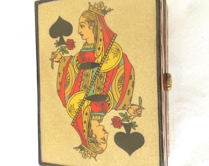 Queen of Spades Enamel Box, Vintage Playing Card Box, King of Hearts, Metal Card Holder