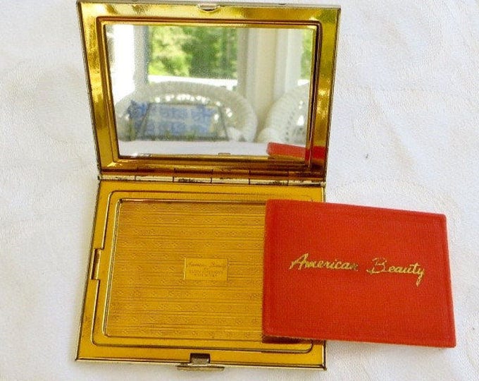 Elgin Compact, American Beauty, Enamel Flowers, Original Pouch Box, Vintage Vanity