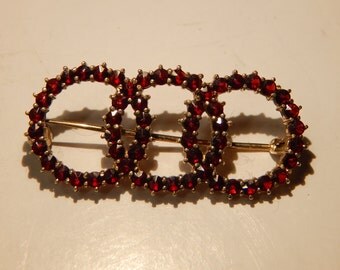 Three Circles Sterling Silver Brooch with Garnets About 2.5 inches