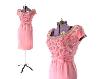 1960s Dress, Pink 60s Dress, Cocktail Dress, Beaded Dress, Sequined Dress, Party Dress, Womens Dress, Vintage Dress, Vintage Clothing
