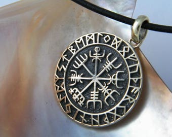 Handcrafted Oxidized Brass Pendant with Celtic Runes with Natural Black Leather Cord Necklace