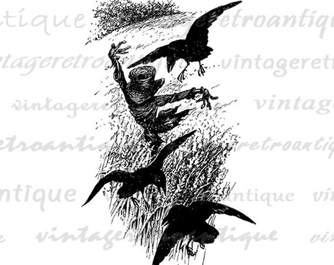 Scarecrow with Crows Flying Birds Printable Graphic Digital Illustration Download Image Antique Clip Art Jpg Png Eps HQ 300dpi No.1758