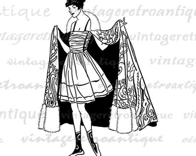 Old Fashioned Woman with Skirt and Cape Graphic Image Digital Download Printable Vintage Clip Art Jpg Png Eps HQ 300dpi No.4256