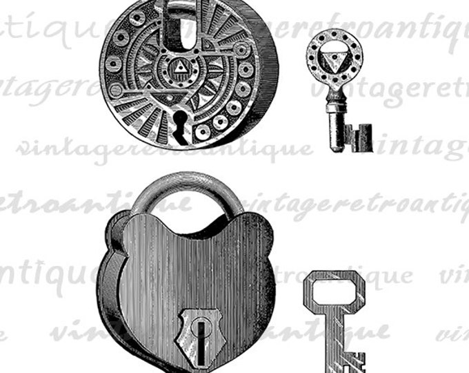 Printable Graphic Antique Padlocks Pad Lock and Key Image Padlock Download Digital Artwork Vintage Clip Art Jpg Png HQ 300dpi No.1750