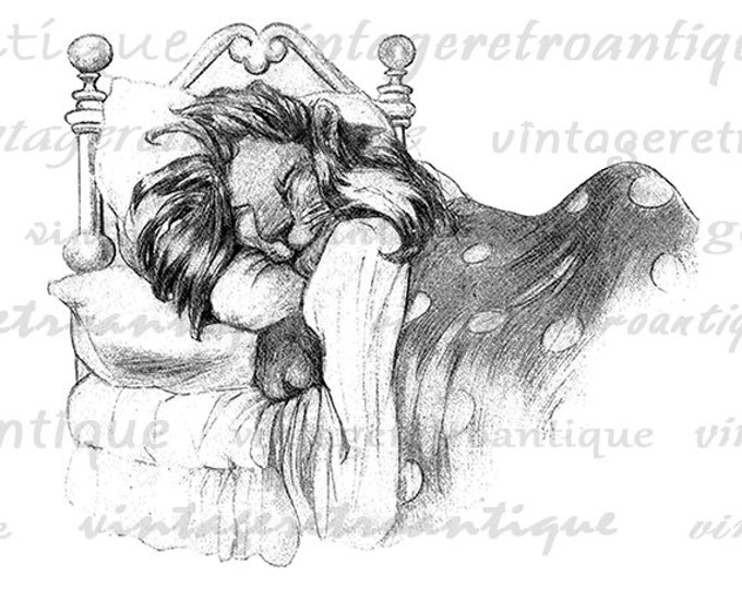 Lion Sleeping in Bed Printable Digital Image Download Cartoon Illustration Graphic Artwork Antique Clip Art Jpg Png HQ 300dpi No.1818