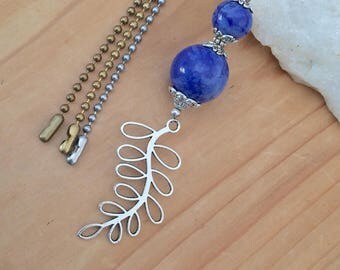 Blue beaded ceiling fan pull, light pull, ball chain pull, silver leaf light pull, lighting decor, home decor.