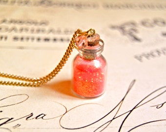 Pretty fluo coral sparkles bottle necklace, glass bottle necklace, vial necklace, coral necklace
